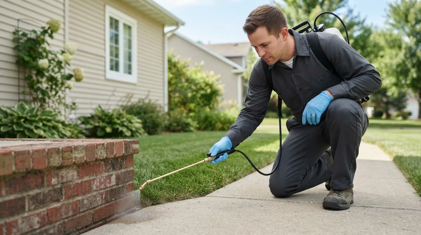 Pest control technician treating a home near Belmont, MI