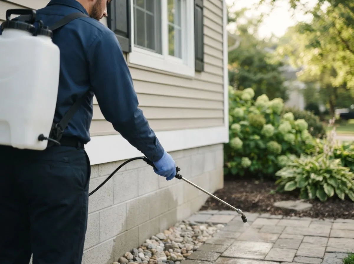 Pest control technician inspecting a home in Belmont, MI
